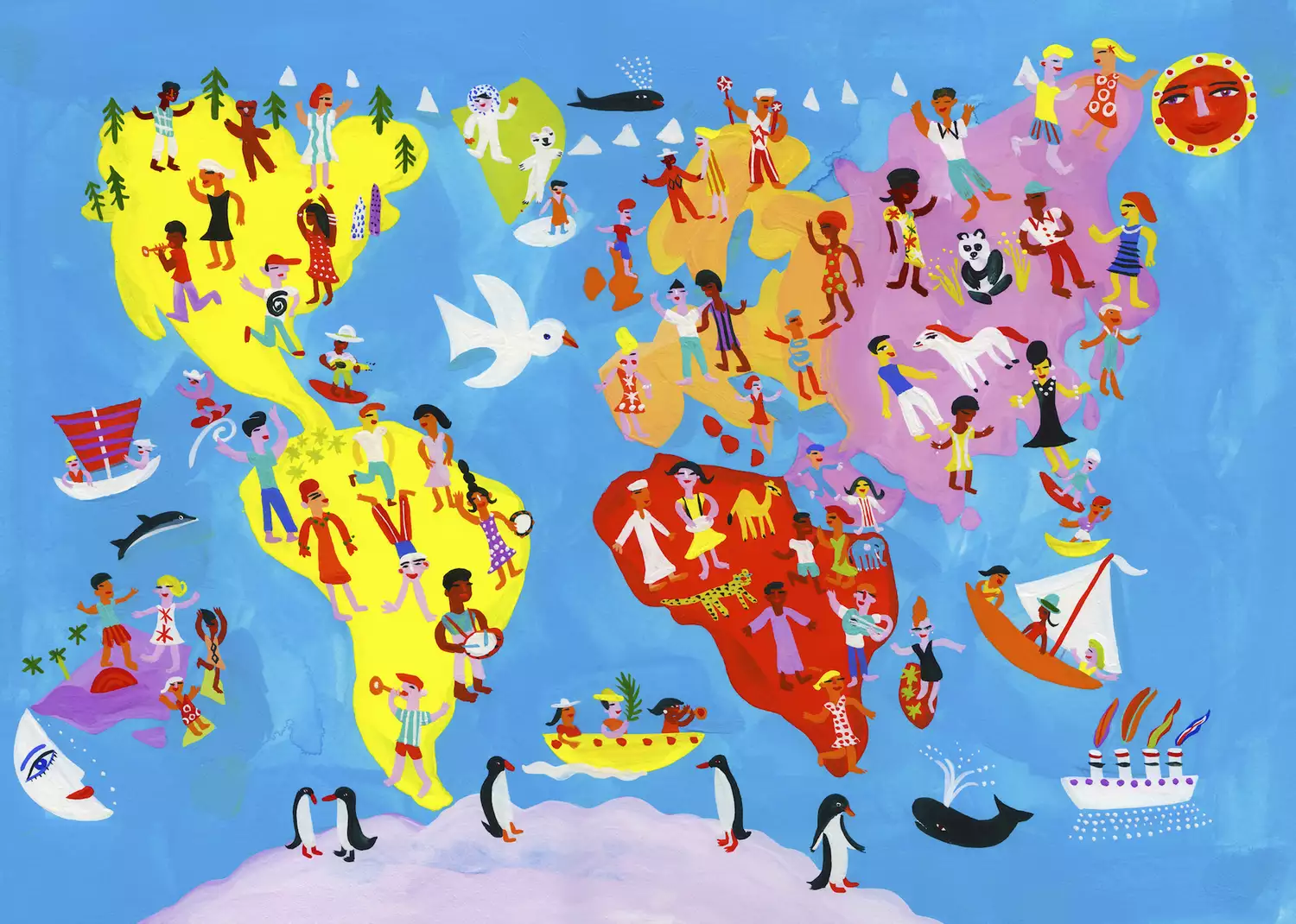 Illustrated world map of people having fun